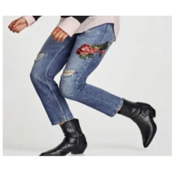 Zara Basic Floral Sequin Embroidered Jeans US 4 - Picture 3 of 12